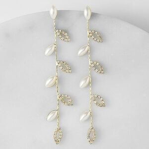 Vine Leaves Rhinestone Pave Crystal Pearl Gold Leaf Earrings Bridal Long Bride